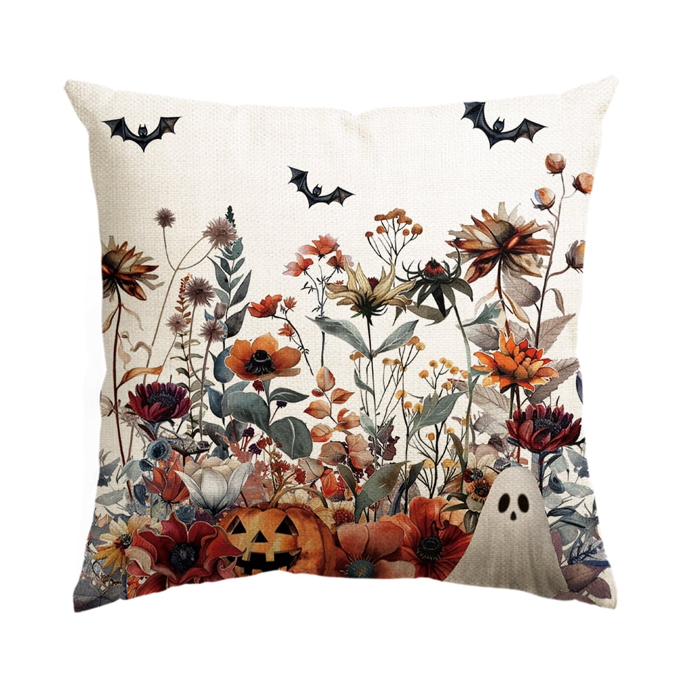 Jack-O'-Lantern Ghost Floral Halloween Throw Pillow Cover 18 x 18 Inch Decorative Outdoor Cushion Covers