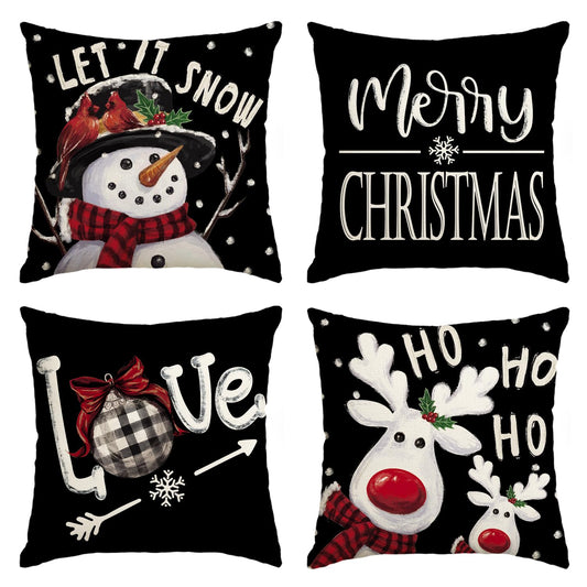 Merry Christmas Let It Snow Love Snowman Black Throw Pillow Covers, 18 x 18 Inch Xmas Tree Holiday Cushion Case Decoration for Sofa Couch Set of 4