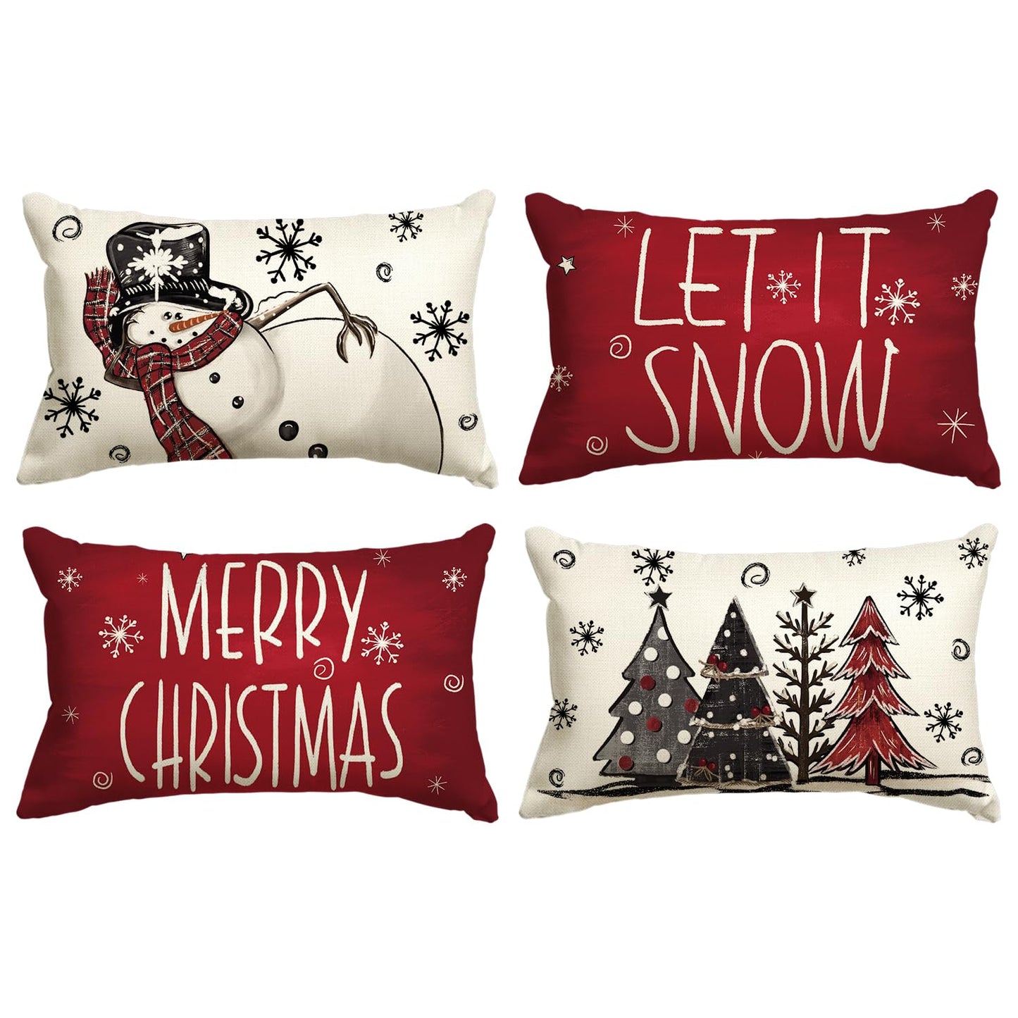 Merry Christmas Snowman Let It Snow Throw Pillow Covers, 12x20 Inch Xmas Tree Winter Holiday Cushion Case Decoration for Sofa Couch Set of 4