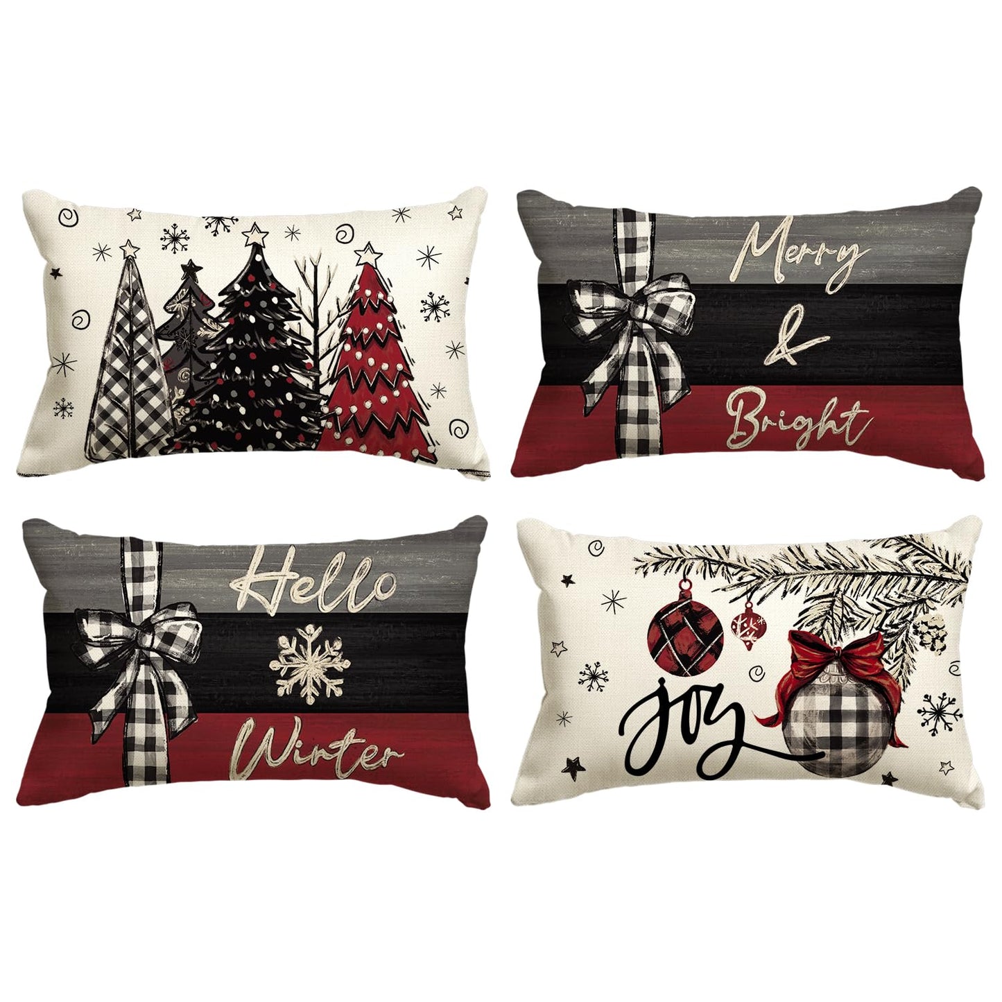 Merry Christmas Joy Xmas Trees Red Throw Pillow Covers, 18 x 18 Inch Christmas Winter Holiday Cushion Case Decoration for Sofa Couch Set of 4