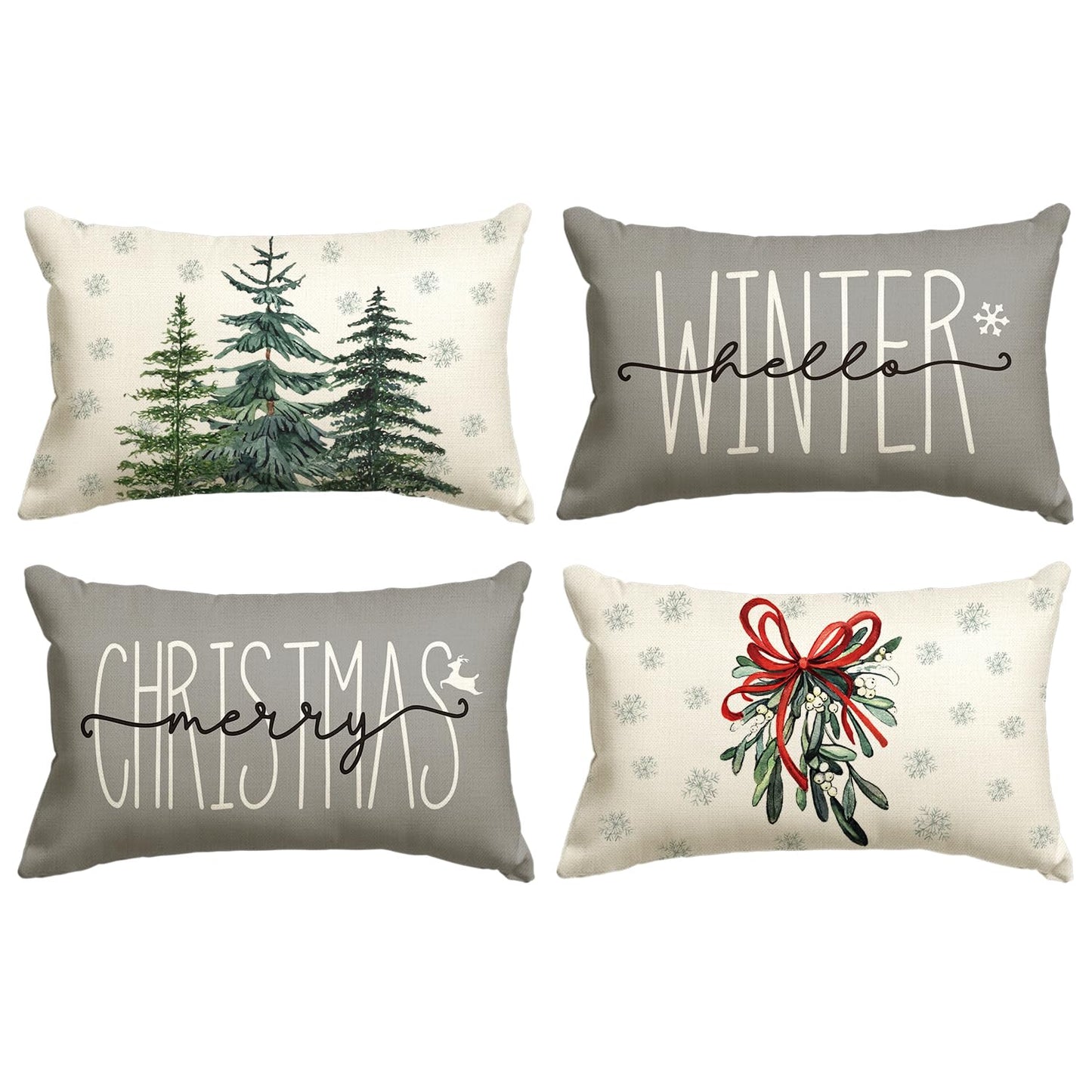 Merry Christmas Tree Hello Winter Throw Pillow Covers, 12x20 Inch Mistletoe Pine Spruce Holiday Cushion Case Decoration for Sofa Couch Set of 4