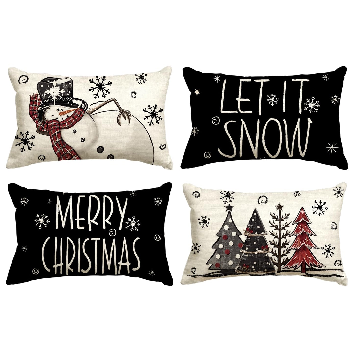 Merry Christmas Snowman Let It Snow Throw Pillow Covers, 12x20 Inch Xmas Tree Winter Holiday Cushion Case Decoration for Sofa Couch Set of 4 Black