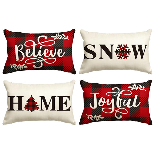 Buffalo Plaid Believe Joyful Home Snow Throw Pillow Cover, 12x20 Inch Christmas Winter Holiday Snowflake Cushion Case Decoration for Sofa Couch Set of 4