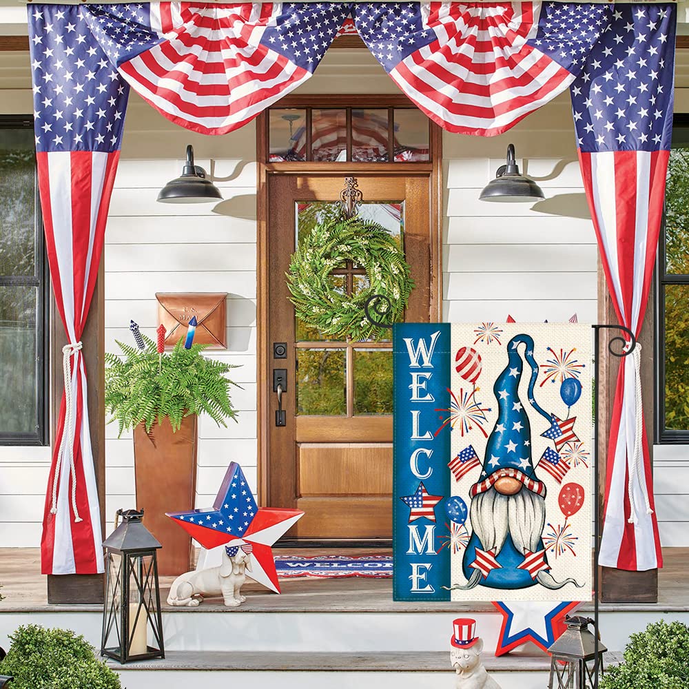 AVOIN colorlife 4th of July American Flag Garden Flag Double Sided Outside, Welcome Gnome Patriotic Independence Memorial Day Yard Outdoor Decoration 12 x 18 Inch