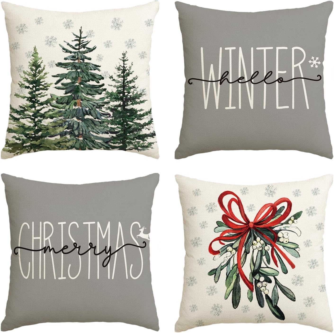 Merry Christmas Tree Hello Winter Throw Pillow Covers, 20x20 Inch Mistletoe Pine Spruce Holiday Cushion Case Decoration for Sofa Couch Set of 4