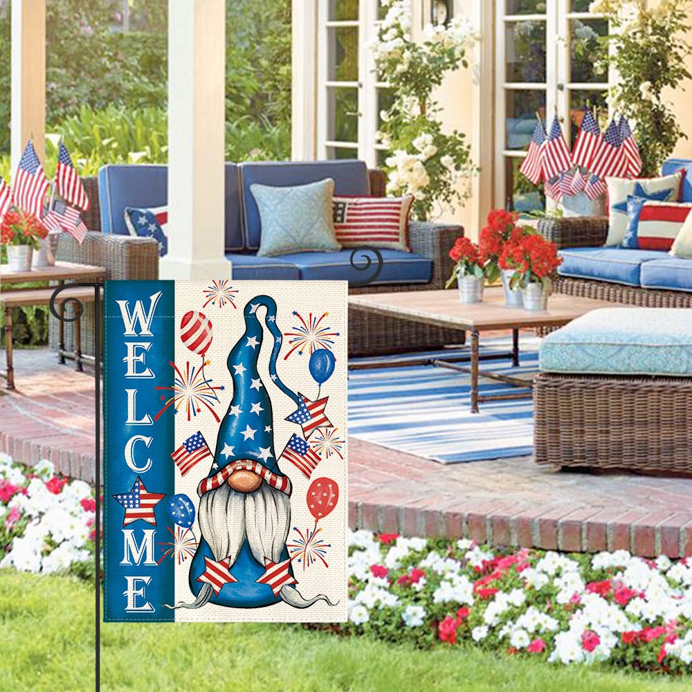 AVOIN colorlife 4th of July American Flag Garden Flag Double Sided Outside, Welcome Gnome Patriotic Independence Memorial Day Yard Outdoor Decoration 12 x 18 Inch