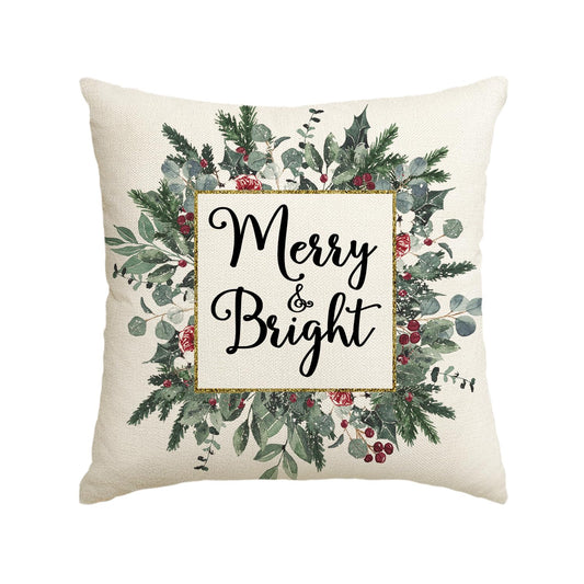 Christmas Merry & Bright Eucalyptus Mistletoe Throw Pillow Cover, 18x18 Inch Winter Holiday Cushion Case Decoration for Sofa Couch