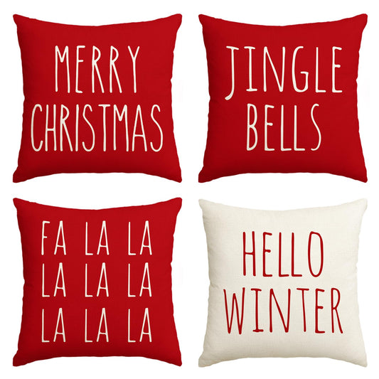 Christmas Saying Throw Pillow Cover, 18 x 18 Inch Merry Christmas Jingle Bells Hello Winter FA La La Holiday Cushion Case Decoration for Sofa Couch Set of 4