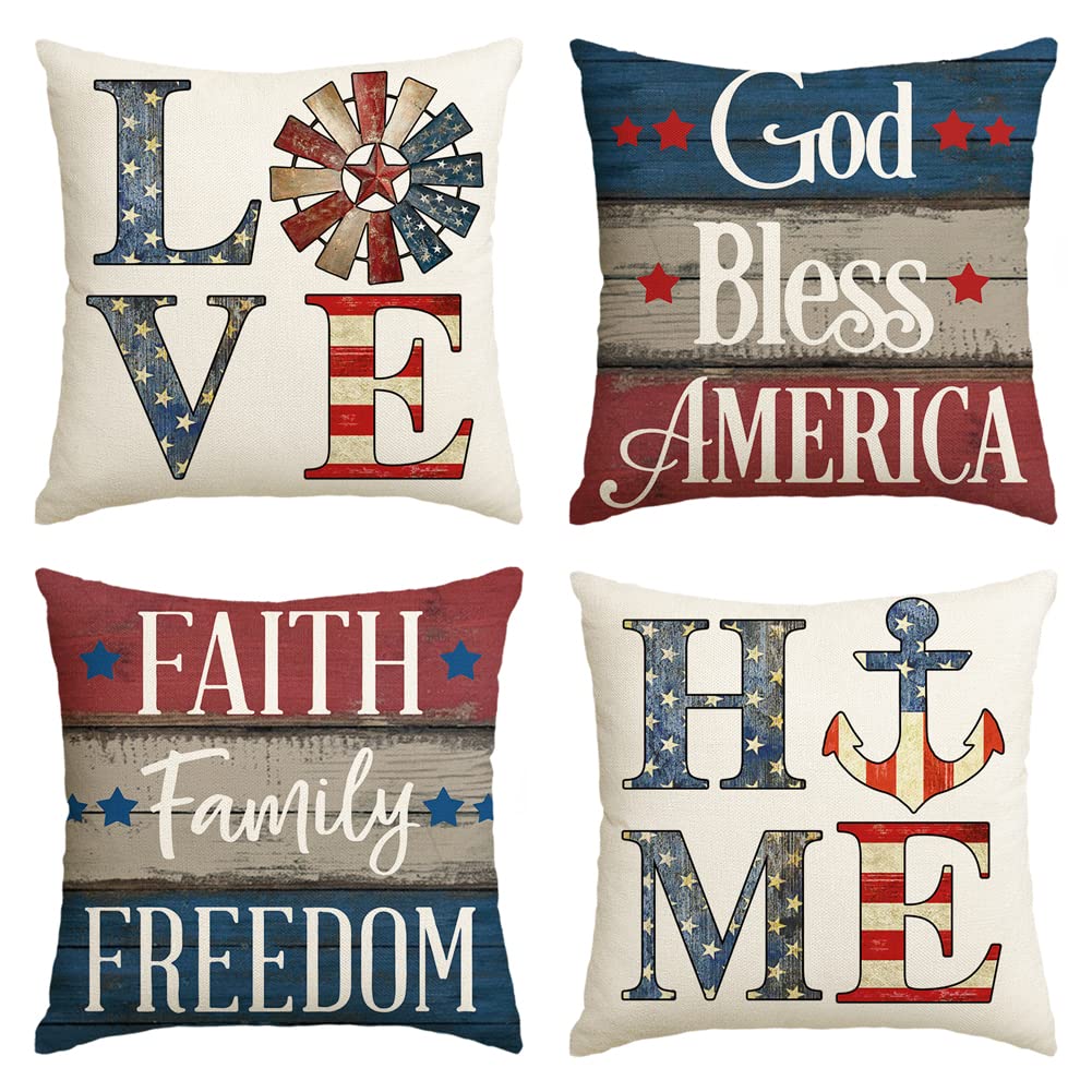 AVOIN colorlife God Bless America Throw Pillow Covers 18x18 Set of 4, Faith Family Freedom 4th of July Independence Memorial Day Patriotic Decorations for Sofa Couch