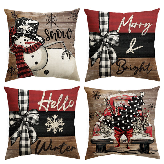 Wood Snowman Merry Bright Hello Winter Trucks Christmas Pillow Cover Set of 4, 18x18 Inch