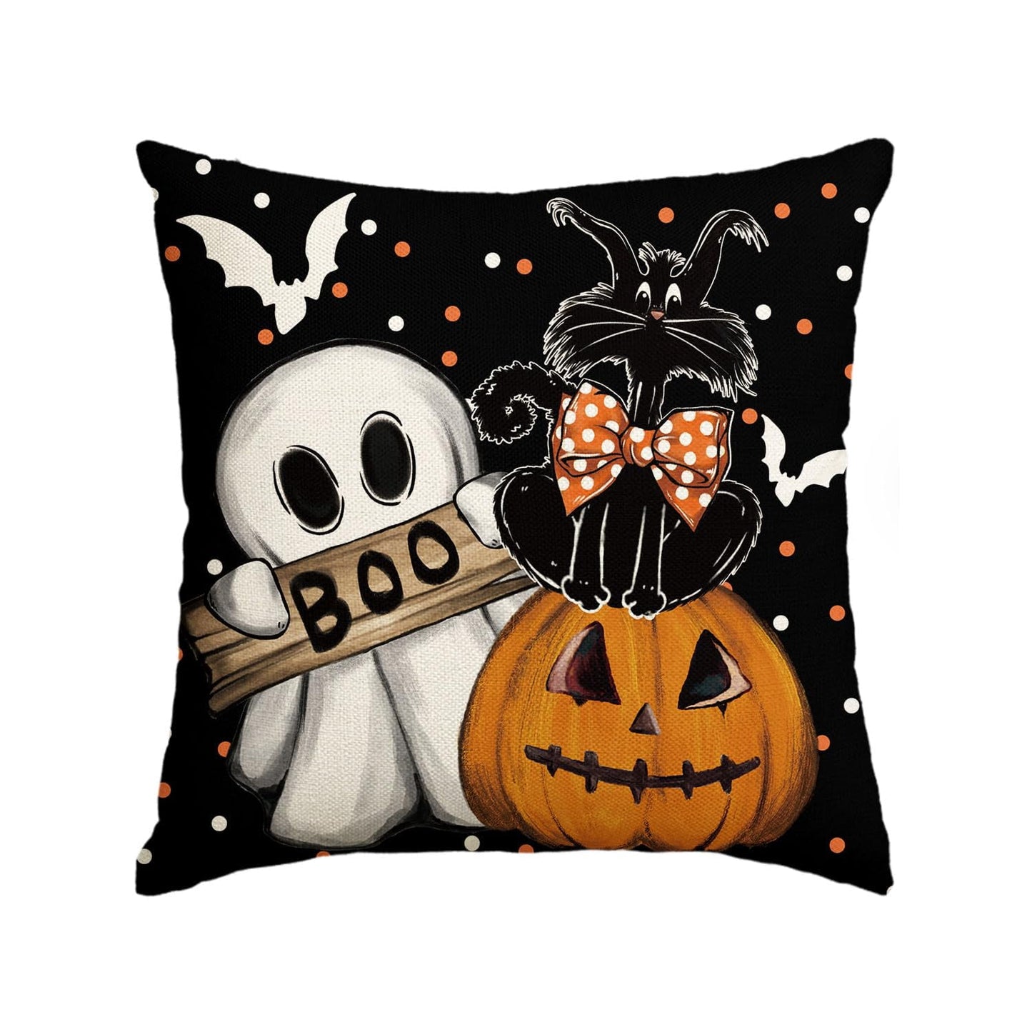 Halloween Boo Ghost Cat Pumpkin Lantern Throw Pillow Cover, 18 x 18 Inch Holiday Farmhouse Cushion Case Decoration for Sofa Couch