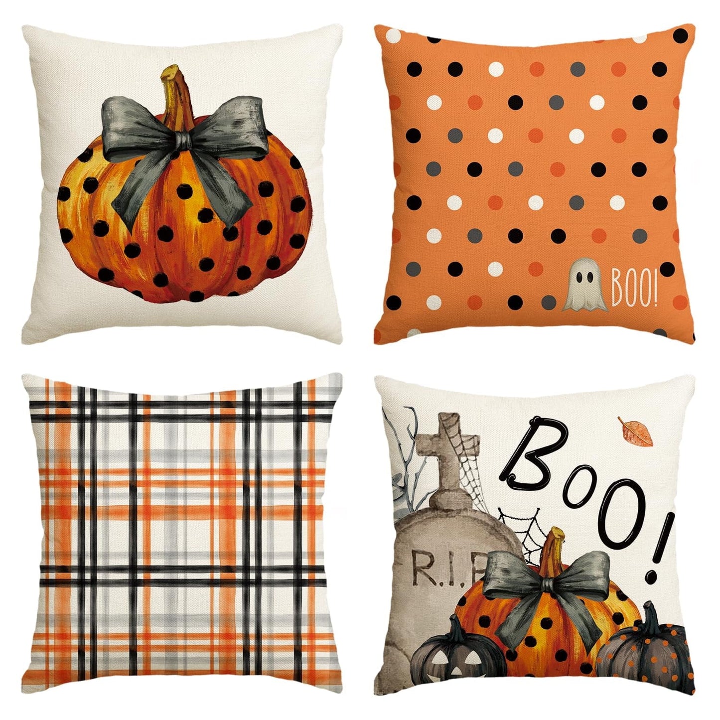 Halloween Boo Polka Dot Pumpkin Throw Pillow Covers, 18 x 18 Inch Horror Spider Web Cushion Case for Sofa Couch Set of 4