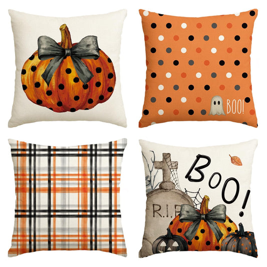 Halloween Boo Polka Dot Pumpkin Throw Pillow Covers, 18 x 18 Inch Horror Spider Web Cushion Case for Sofa Couch Set of 4