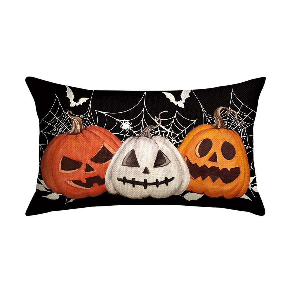 Jack-O'-Lantern Spider Web Halloween Throw Pillow Cover 12 x 20 Inch Black Decorative Outdoor Cushion Covers