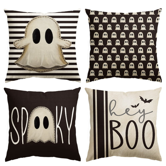 Horror Scary Hey Boo Cute Ghost Spooky Halloween Throw Pillow Covers, 18 x 18 Inch Set of 4, Striped