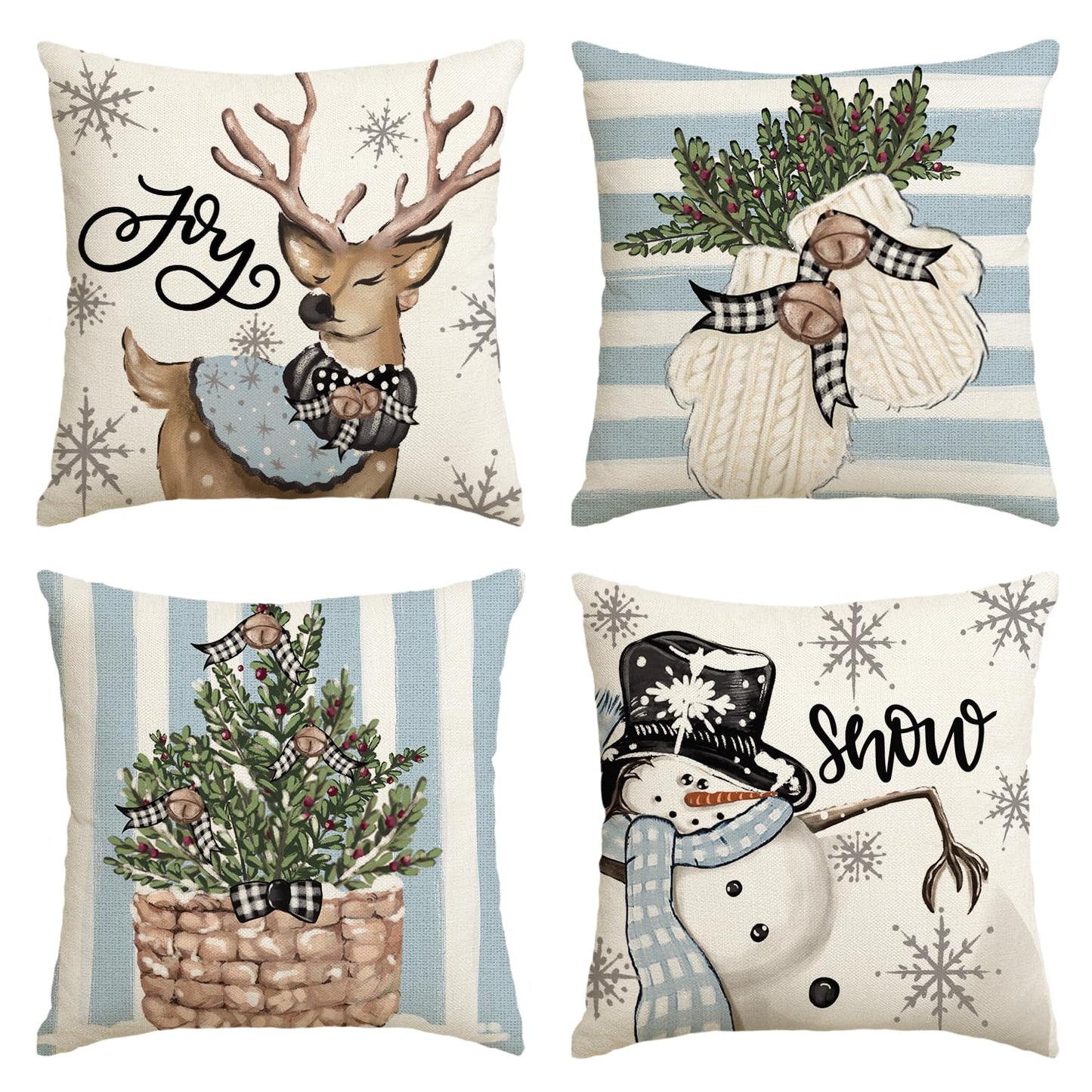 Christmas Snowman Reindeer Gloves Eucalyptus Throw Pillow Covers Set of 4