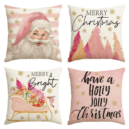 Pink Christmas Stripes Santa Christmas Tree Sleigh Stocking Gift Throw Pillow Covers, 18 x 18 Inch Winter Holiday Cushion Case Decoration for Sofa Couch Set of 4