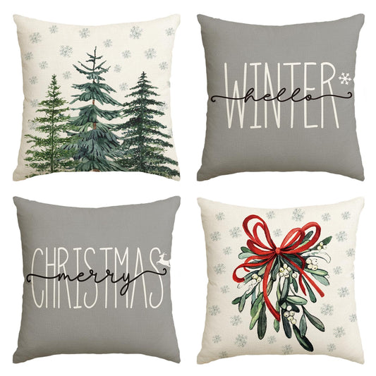 Merry Christmas Tree Hello Winter Throw Pillow Covers, 20x20 Inch Mistletoe Pine Spruce Holiday Cushion Case Decoration for Sofa Couch Set of 4