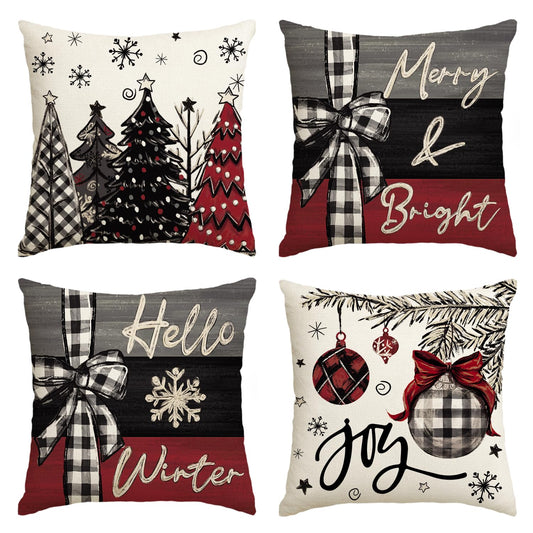 Merry Christmas Joy Xmas Trees Red Throw Pillow Covers, 18 x 18 Inch Christmas Winter Holiday Cushion Case Decoration for Sofa Couch Set of 4