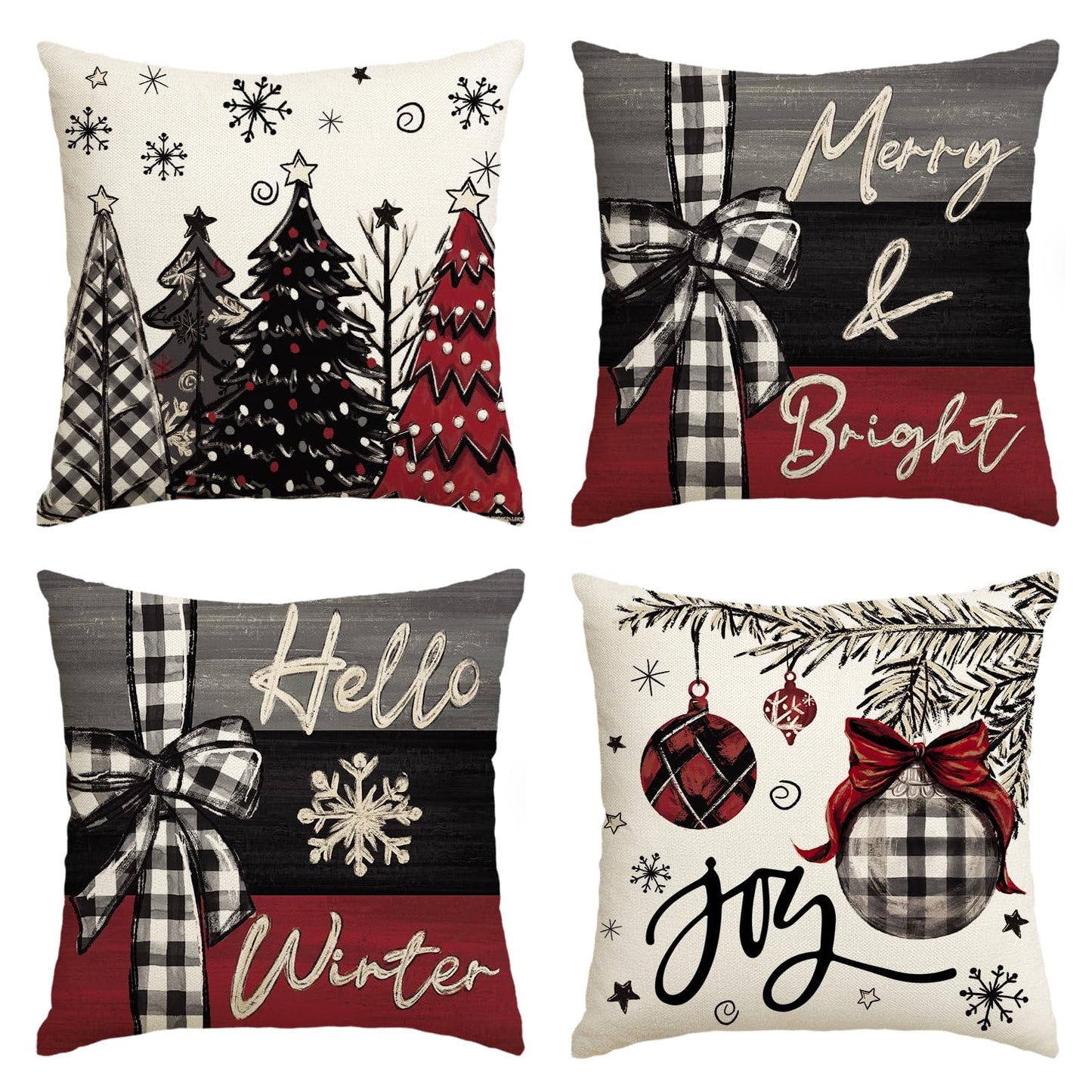 Merry Christmas Joy Xmas Trees Red Throw Pillow Covers, 20x20 Inch Christmas Winter Holiday Cushion Case Decoration for Sofa Couch Set of 4