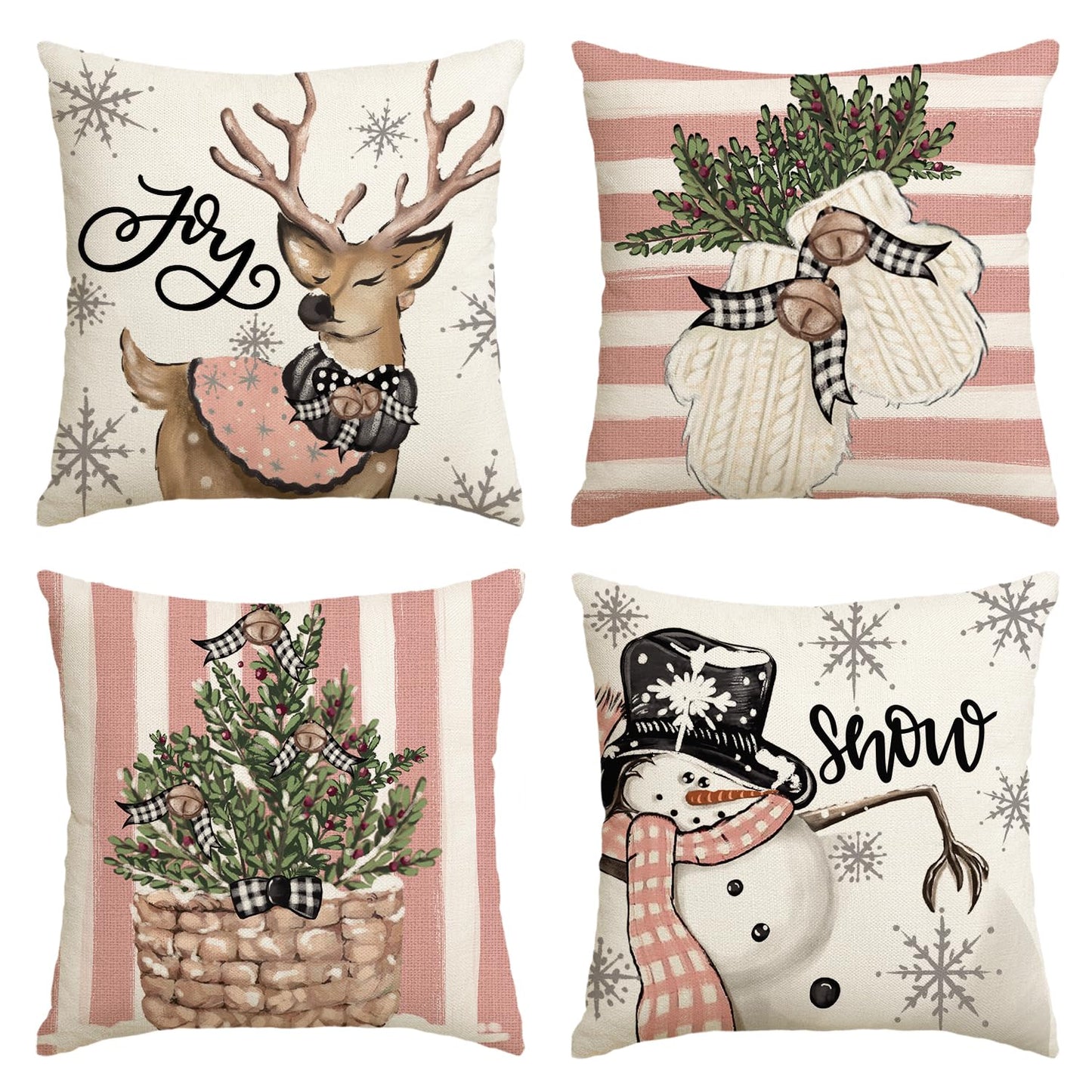 Christmas Snowman Reindeer Gloves Eucalyptus Throw Pillow Covers Set of 4