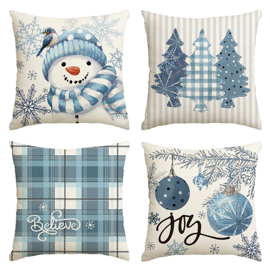 Winter Snowman Joy Snowflake Christmas Throw Pillow Covers, 18 x 18 Inch Xmas Tree Winter Holiday Buffalo Plaid Cushion Case Decoration for Sofa Couch Set of 4