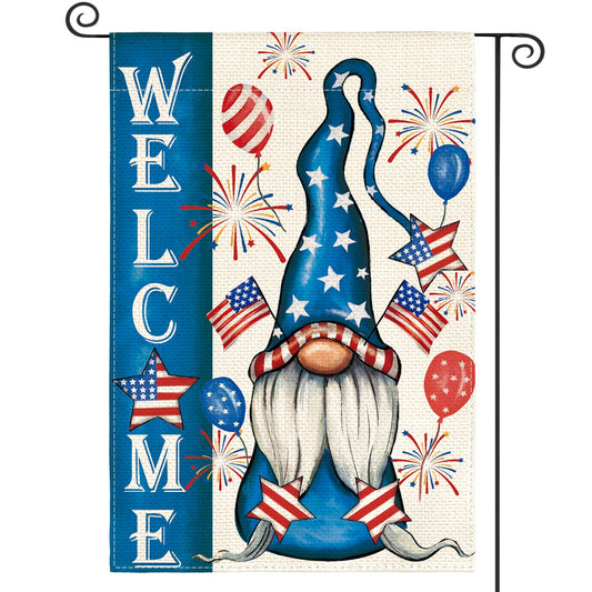 AVOIN colorlife 4th of July American Flag Garden Flag Double Sided Outside, Welcome Gnome Patriotic Independence Memorial Day Yard Outdoor Decoration 12 x 18 Inch