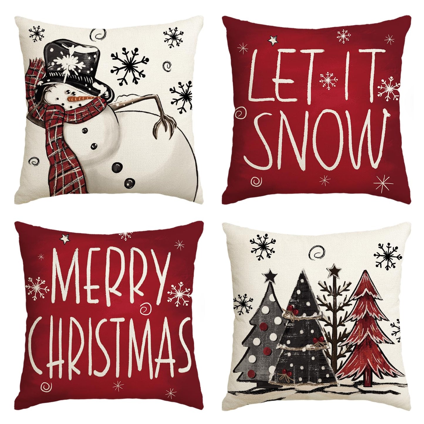 Merry Christmas Snowman Let It Snow Throw Pillow Covers, 18 x 18 Inch Xmas Tree Winter Holiday Cushion Case Decoration for Sofa Couch Set of 4