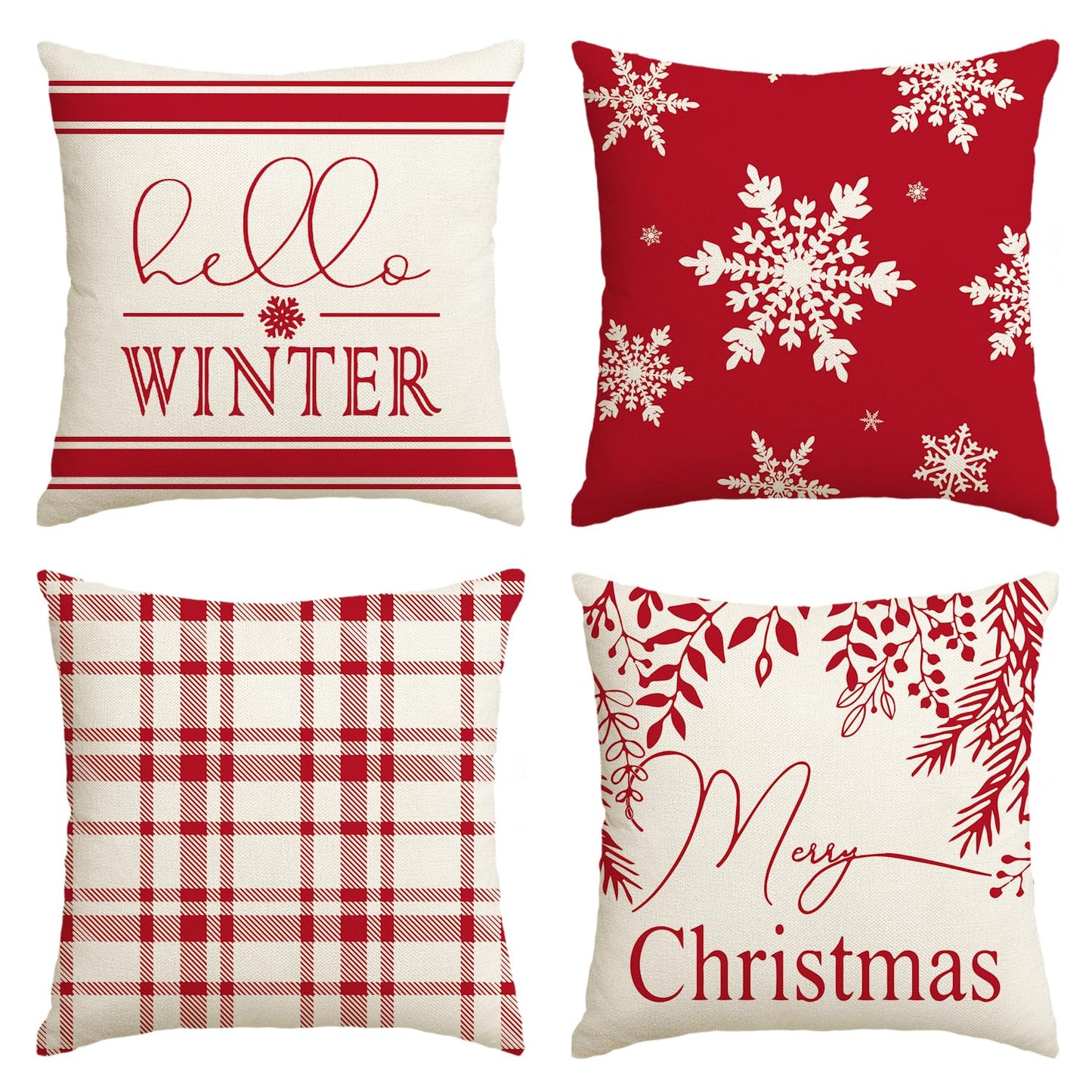 AVOIN colorlife Merry Christmas Hello Winter Buffalo Plaid Snowflake Throw Pillow Cover, 18 x 18 Inch Winter Holiday Cushion Case Decoration for Sofa Couch Set of 4