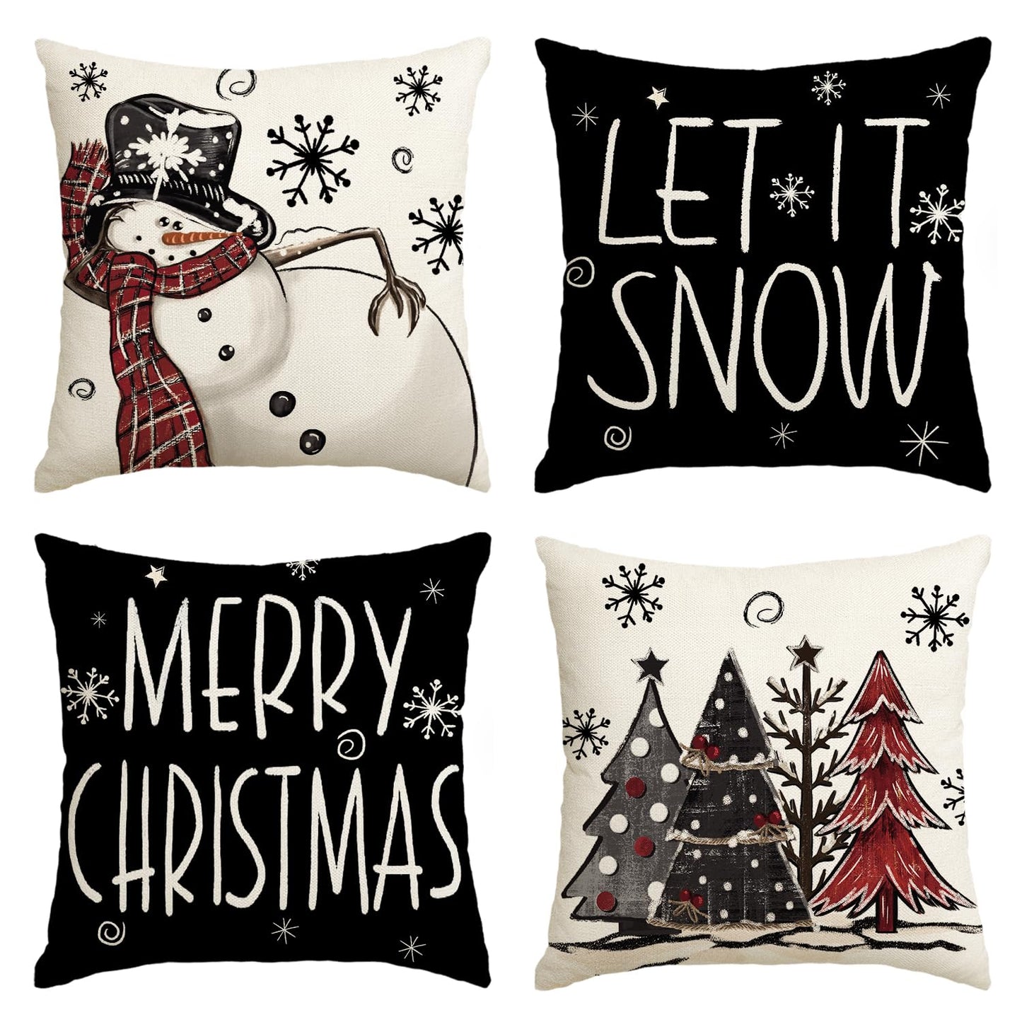 Merry Christmas Snowman Let It Snow Throw Pillow Covers, 20x20 Inch Xmas Tree Winter Holiday Cushion Case Decoration for Sofa Couch Set of 4 Black