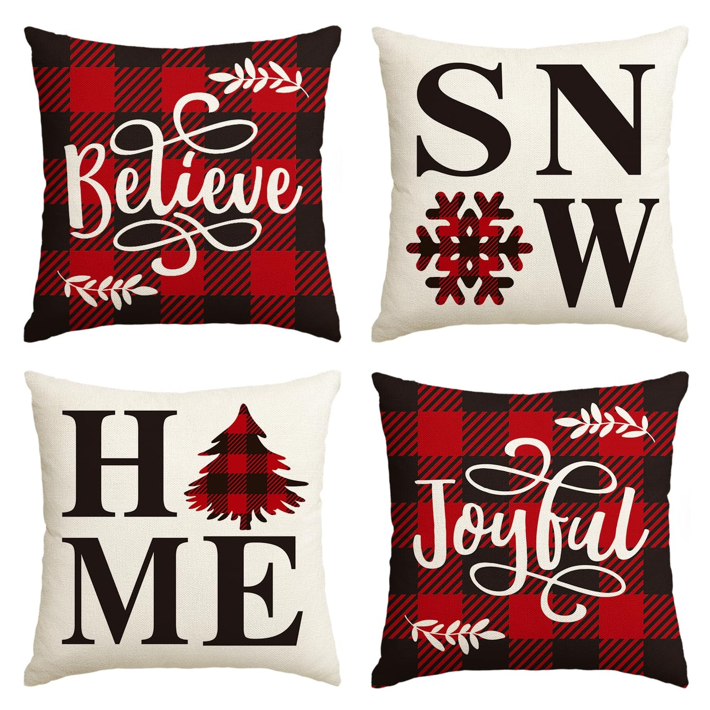 Buffalo Plaid Believe Joyful Home Snow Throw Pillow Cover, 18 x 18 Inch Christmas Winter Holiday Snowflake Cushion Case Decoration for Sofa Couch Set of 4