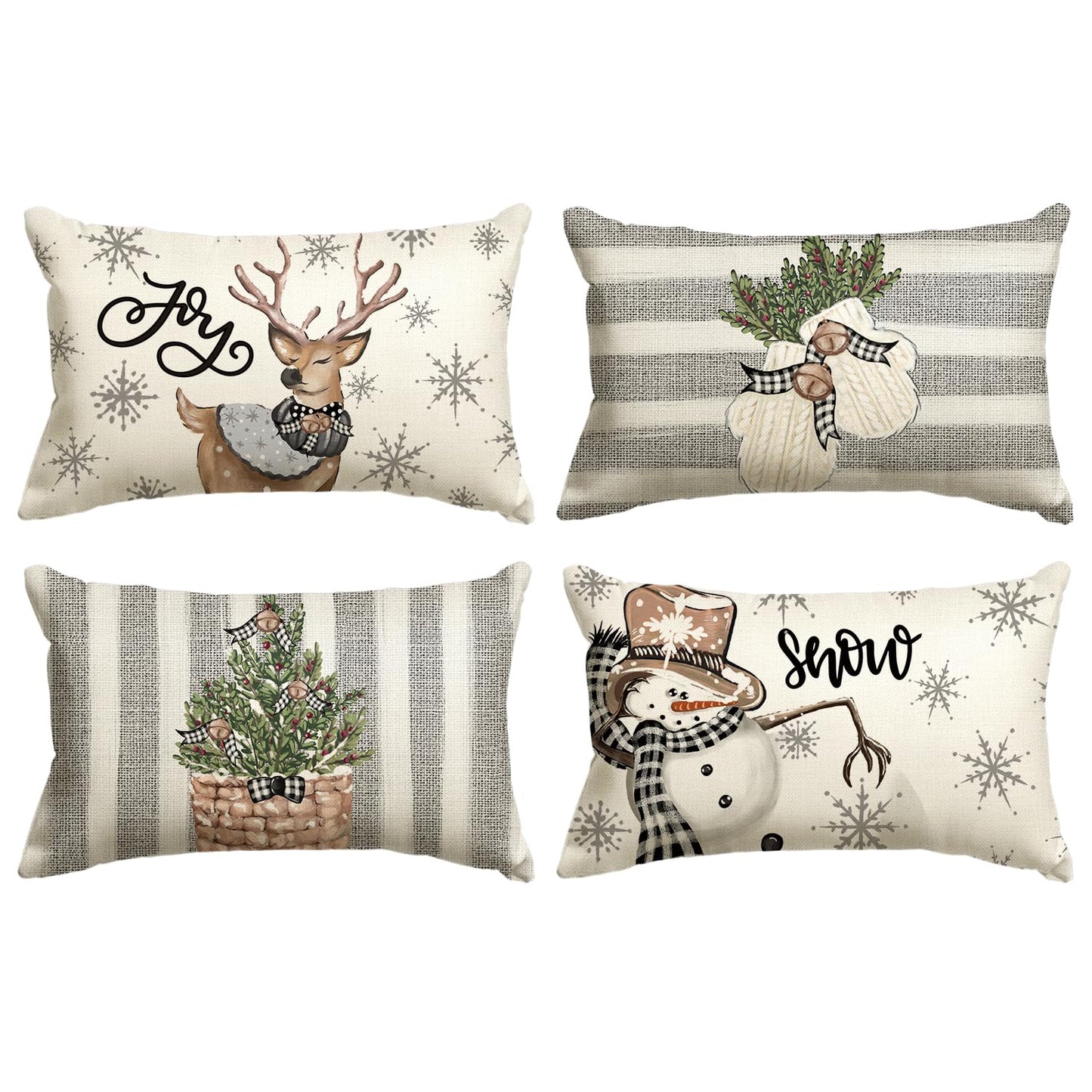 Christmas Snowman Reindeer Gloves Eucalyptus Throw Pillow Covers Set of 4