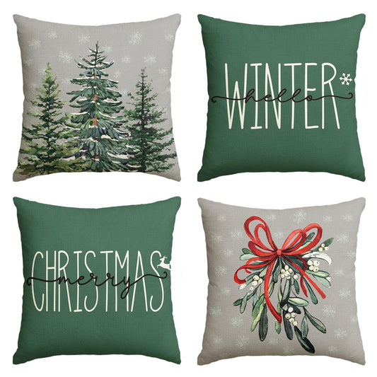 AVOIN colorlife Merry Christmas Tree Hello Winter Throw Pillow Covers, 18 x 18 Inch Mistletoe Pine Spruce Holiday Cushion Case Decoration for Sofa Couch Set of 4