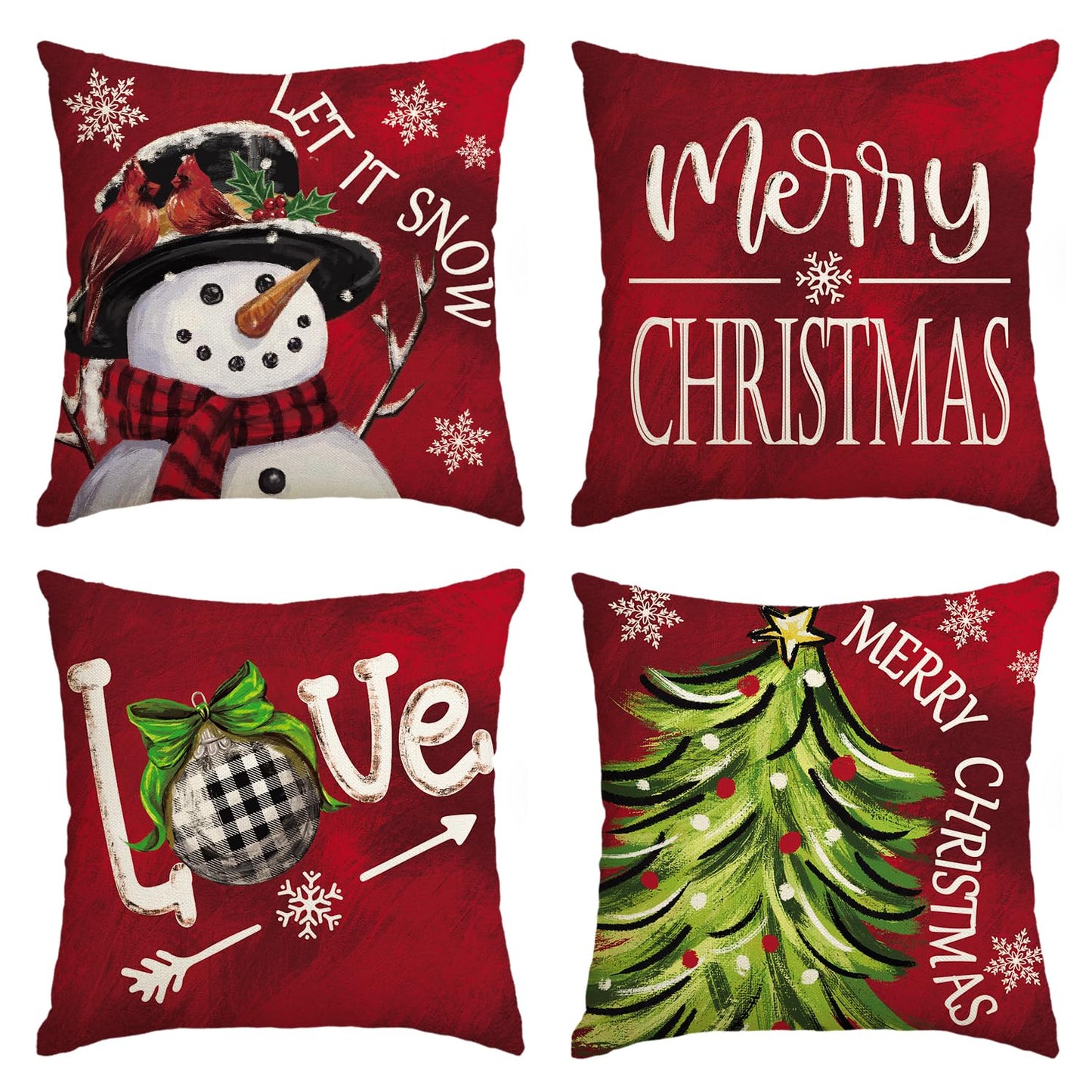 Merry Christmas Let It Snow Love Snowman Red Throw Pillow Covers, 18 x 18 Inch Xmas Tree Holiday Cushion Case Decoration for Sofa Couch Set of 4