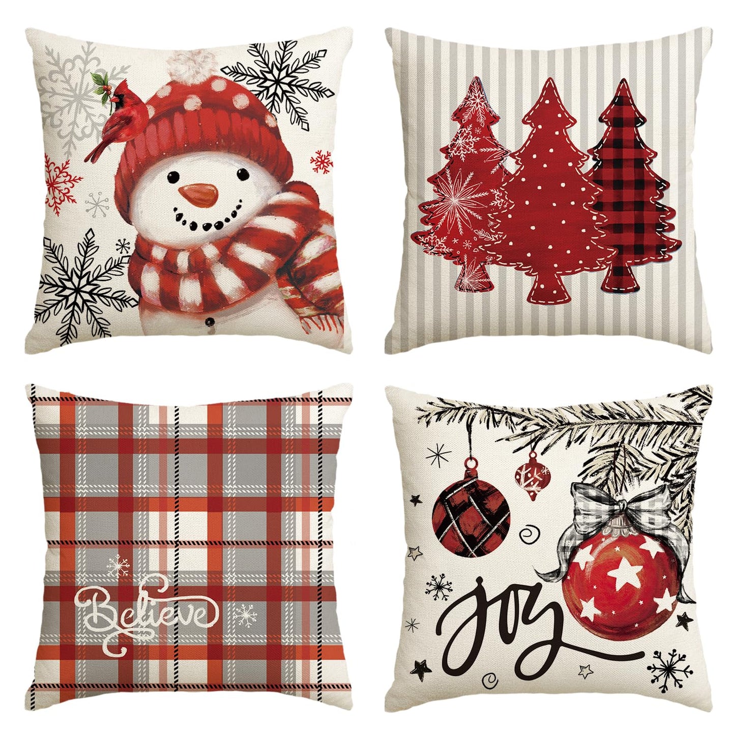 Winter Snowman Joy Snowflake Christmas Throw Pillow Covers, 18 x 18 Inch Xmas Tree Winter Holiday Buffalo Plaid Cushion Case Decoration for Sofa Couch Set of 4