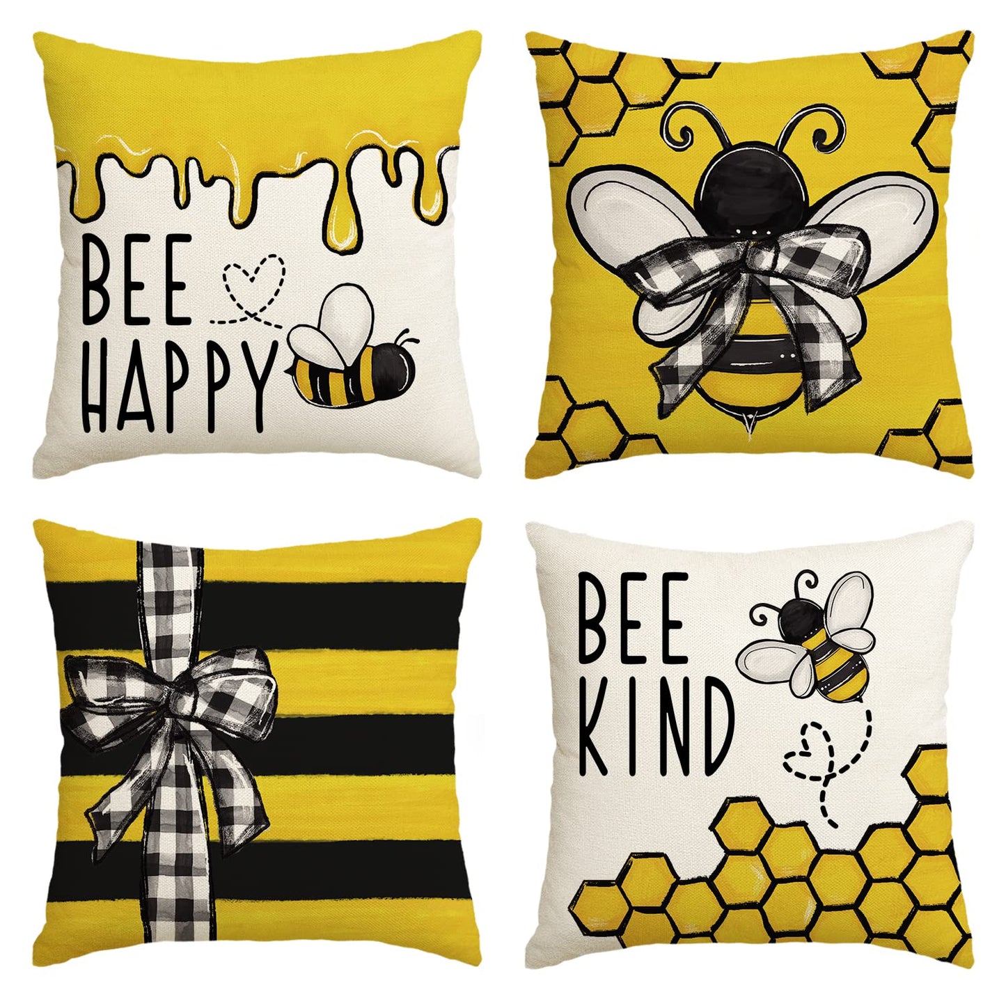 AVOIN colorlife Bee Happy Bee Kind Throw Pillow Covers, 18 x 18 Inch Honey and Bee Summer Cushion Case Decoration for Sofa Couch Set of 4