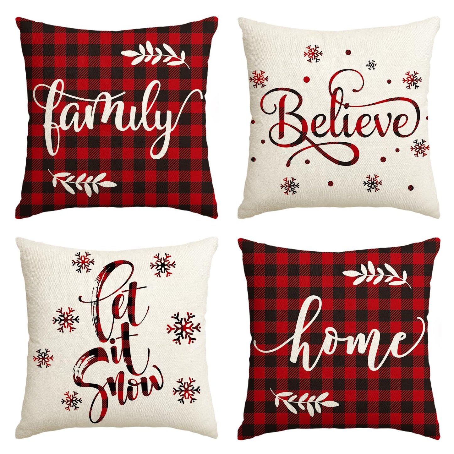 Christmas Saying Buffalo Plaid Throw Pillow Cover, 18 x 18 Inch Winter Holiday Farmhouse Cushion Case for Sofa Couch Set of 4