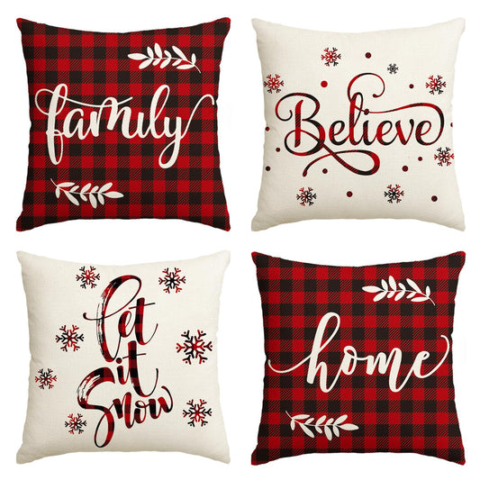 Christmas Saying Buffalo Plaid Throw Pillow Cover, 18 x 18 Inch Winter Holiday Farmhouse Cushion Case for Sofa Couch Set of 4