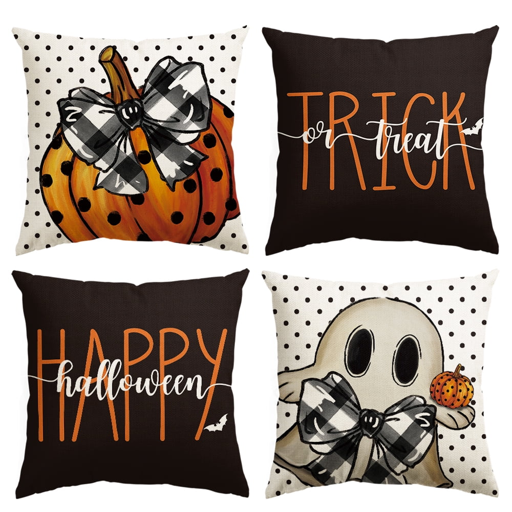 Polka Dot Pumpkin Trick or Treat Ghost Boo Spooky 18 x 18 Inch Halloween Pillow Covers Set of 4