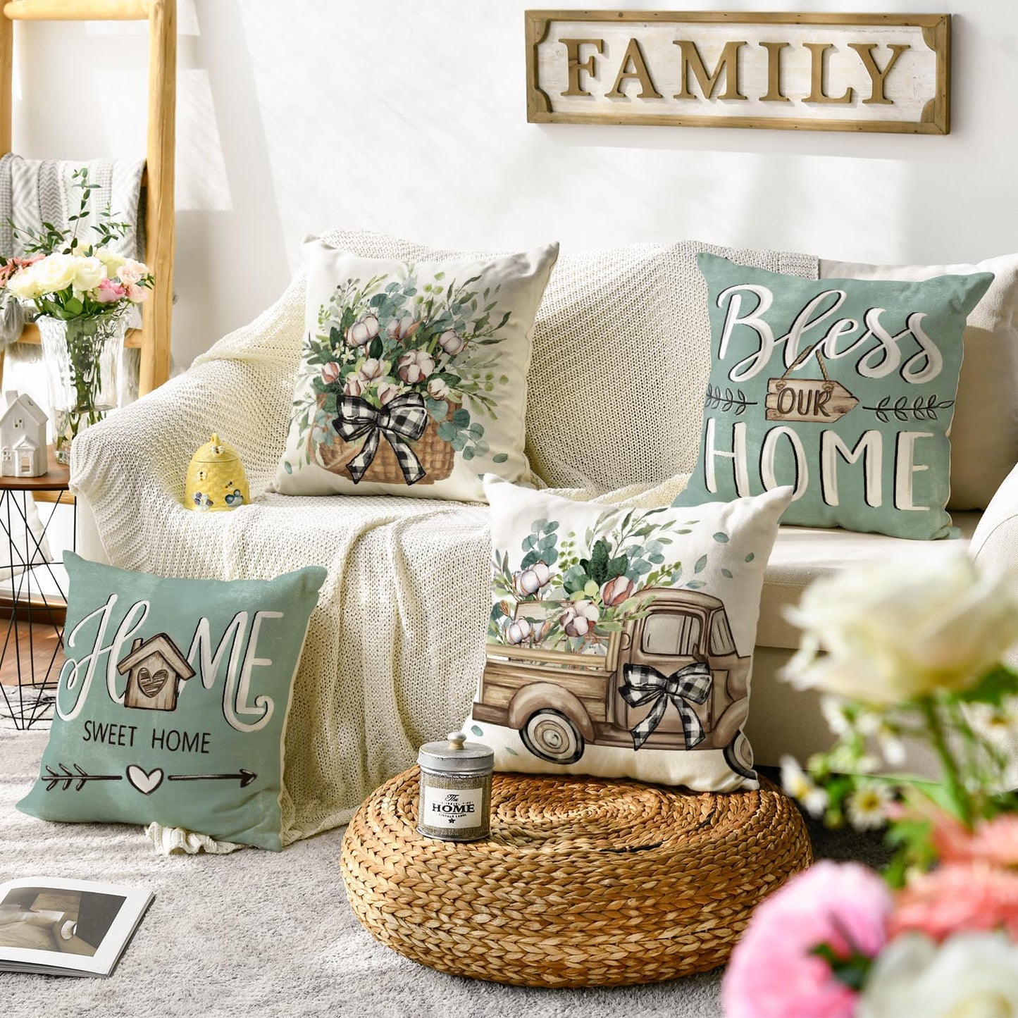 AVOIN colorlife Bless Our Home Farmhouse Eucalyptus Leaves Throw Pillow Covers, 18 x 18 Inch Truck Home Sweet Cushion Case Decorations Set of 4