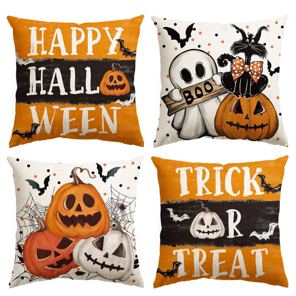 Jack-O'-Lantern Trick or Treat Truck Ghost Happy Halloween Throw Pillow Cover 18 x 18 Inch Polka Dot Decorative Outdoor Cushion Covers Set of 4