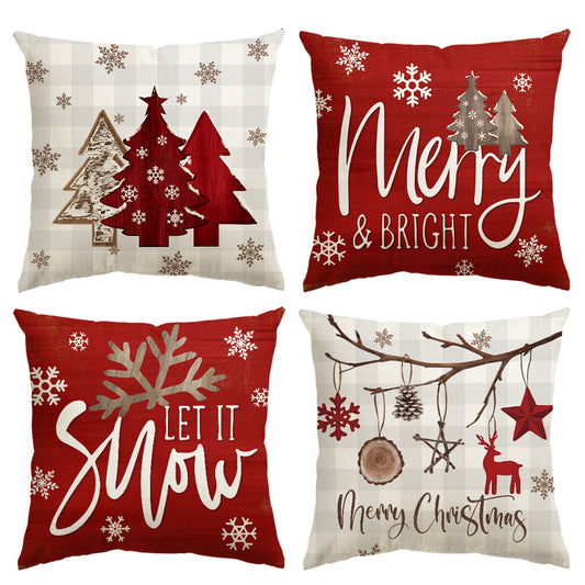 Let it Snow Merry Bright Buffalo Plaid Christmas Pillow Cover Red Set of 4, 18x18 Inch