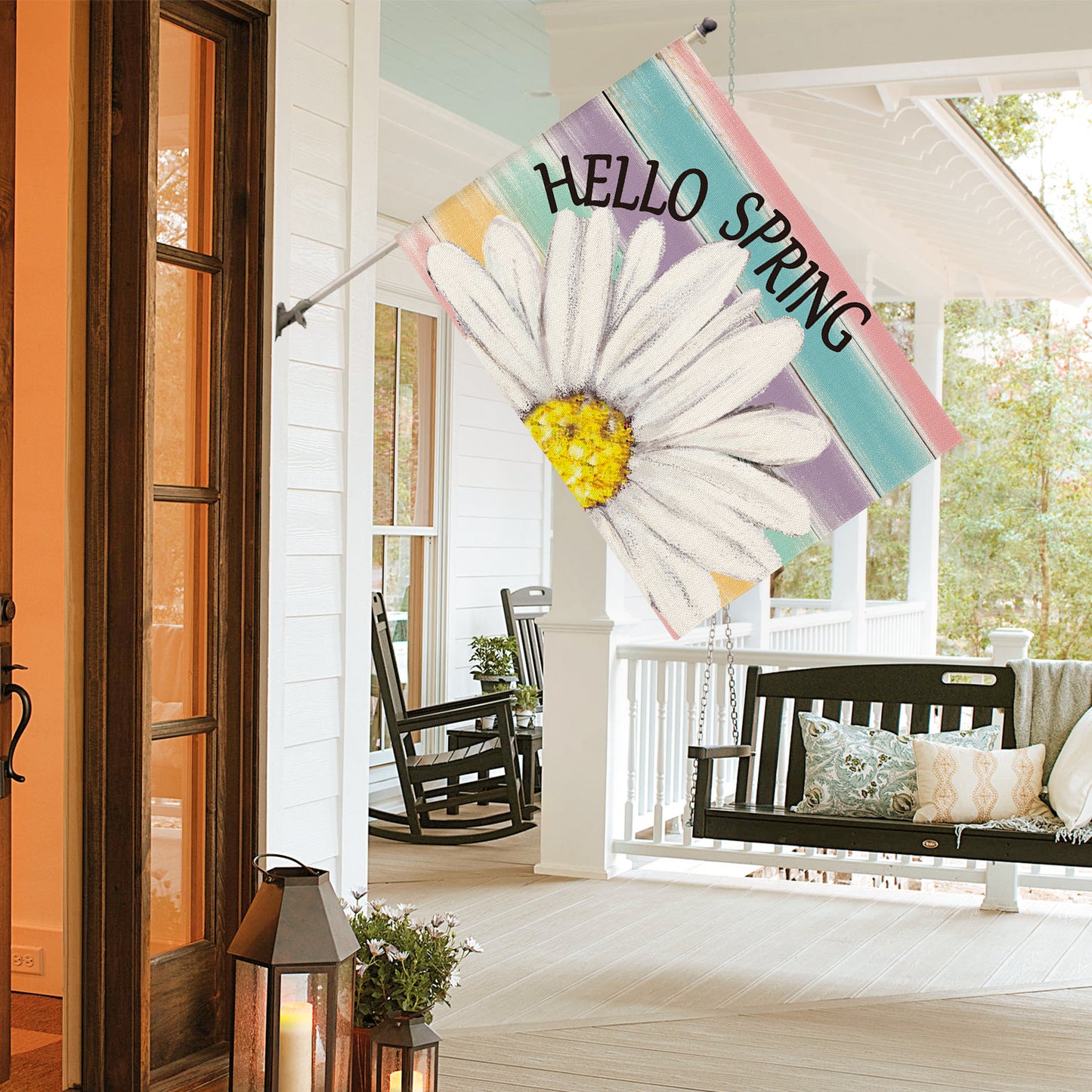 AVOIN colorlife Hello Spring House Flag 28x40 Inch Double Sided Outside, Floral Daisy Yard Outdoor Flag Colorful