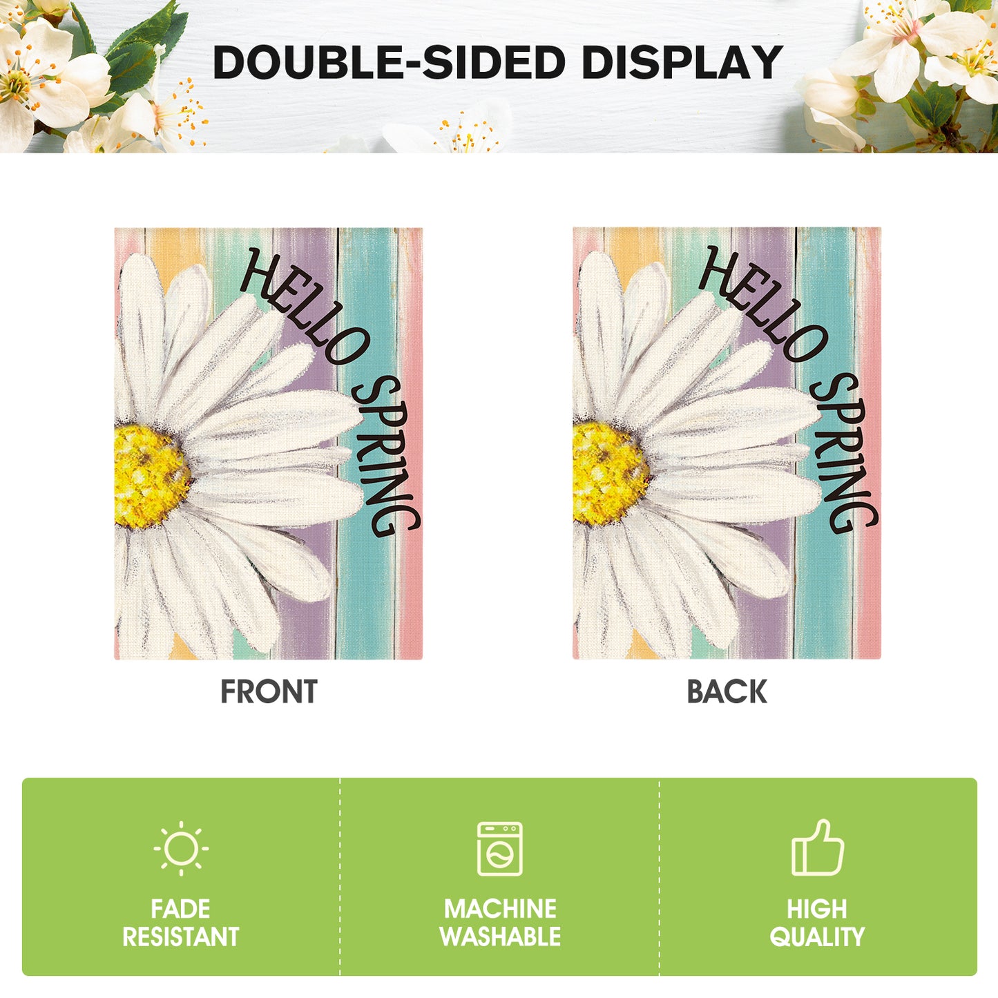 AVOIN colorlife Hello Spring House Flag 28x40 Inch Double Sided Outside, Floral Daisy Yard Outdoor Flag Colorful