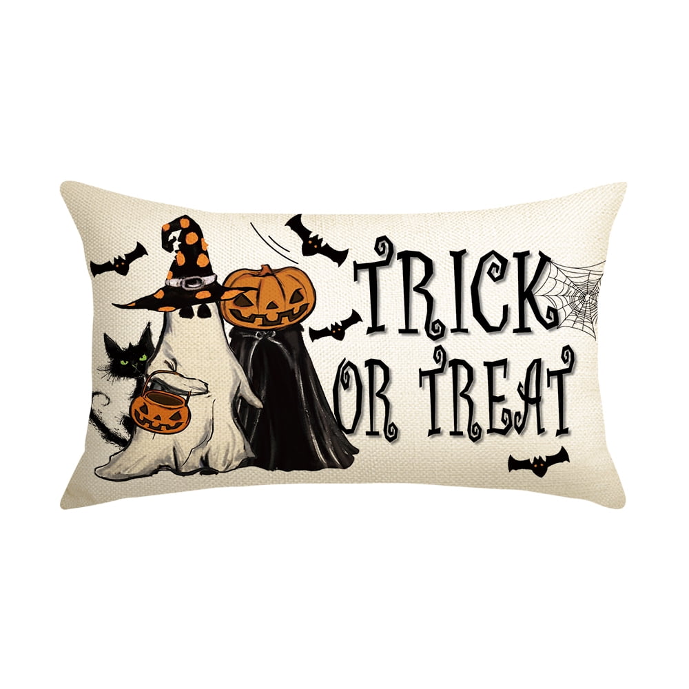 Jack-O'-Lantern Trick or Treat Ghost Black Cat Spider Web Halloween Throw Pillow Cover 12 x 20 Inch Decorative Outdoor Cushion Covers