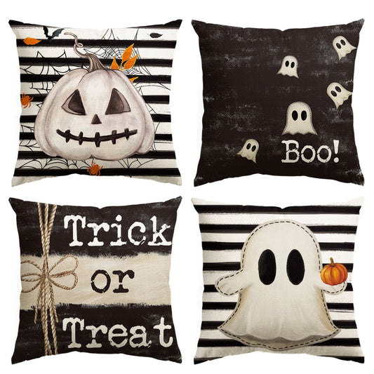 Trick or Treat Jack-O'-Lantern Boo Spooky Ghost Halloween Throw Pillow Cover 18 x 18 Inch Striped Decorative Outdoor Cushion Covers Set of 4