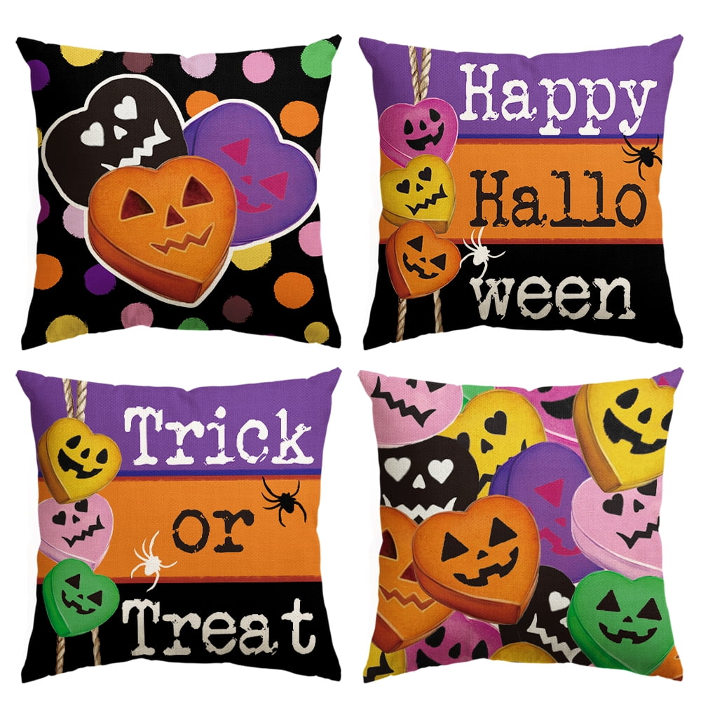 Jack-O'-Lantern Candy Sweet Halloween Throw Pillow Cover 18 x 18 Inch Decorative Outdoor Cushion Covers Set of 4