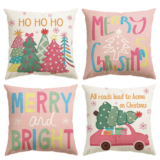 HOHOHO Merry Bright All Roads Lead to Home Christmas Pillow Cover Pink Set of 4, 18x18 Inch