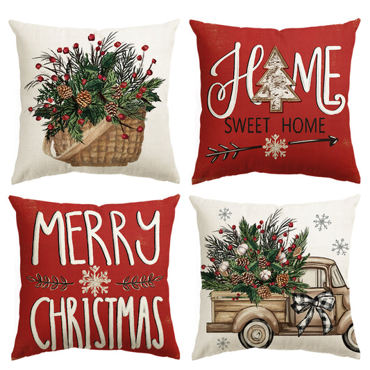 Holly Red Berries Wood Truck Sweet Home Merry Christmas Pillow Cover Set of 4, 18x18 Inch