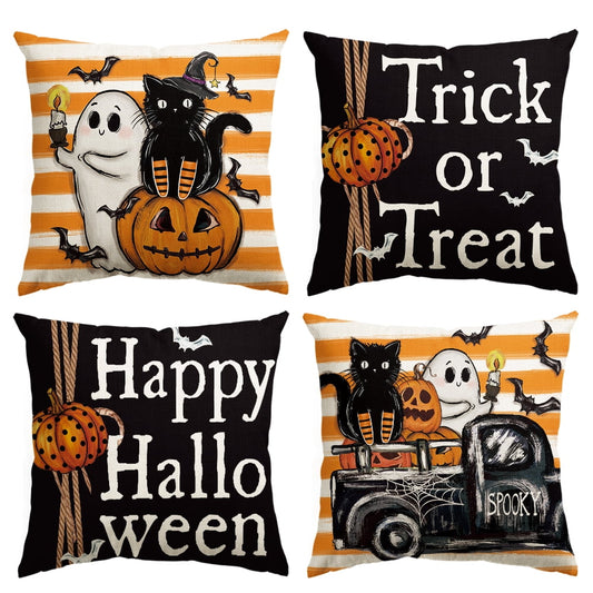 Jack-O'-Lantern Trick or Treat Truck Ghost Happy Halloween Throw Pillow Cover 18 x 18 Inch Striped Decorative Outdoor Cushion Covers Set of 4